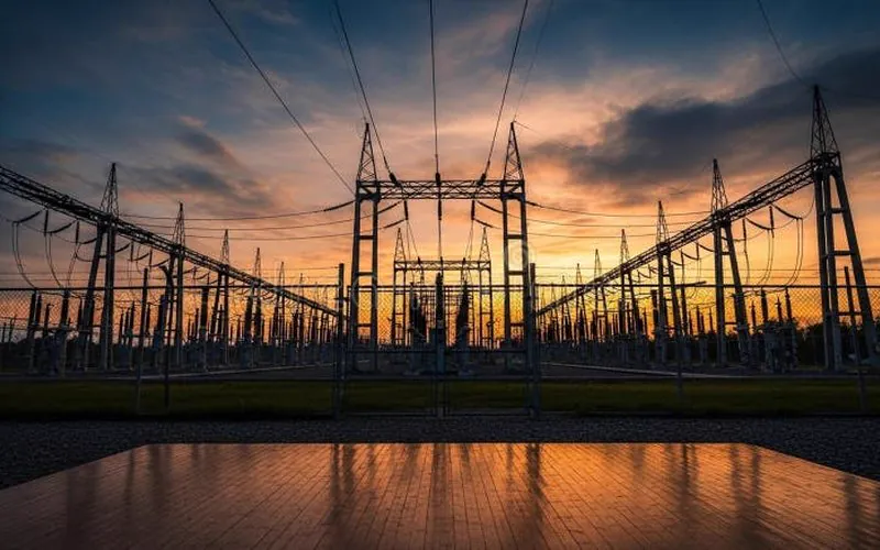 Power substation electrical infrastructure at sunset