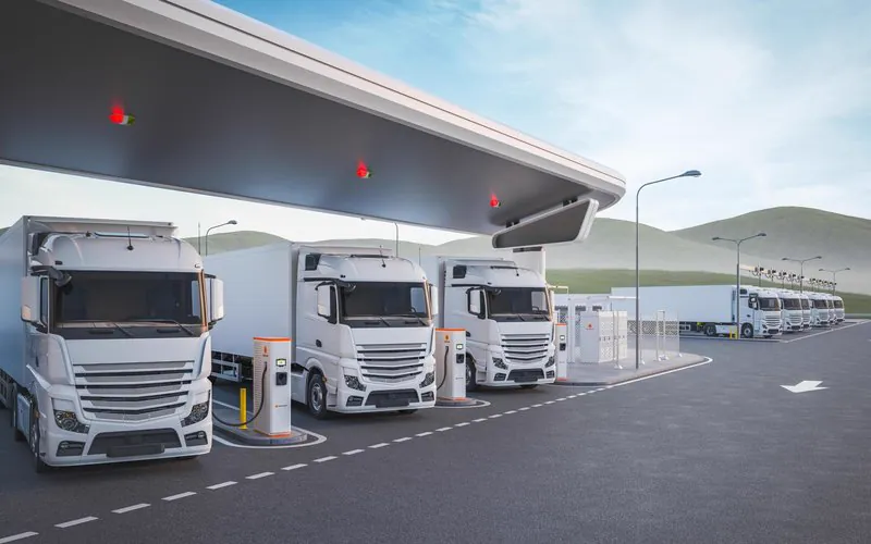 EV truck charging depot with white electric trucks