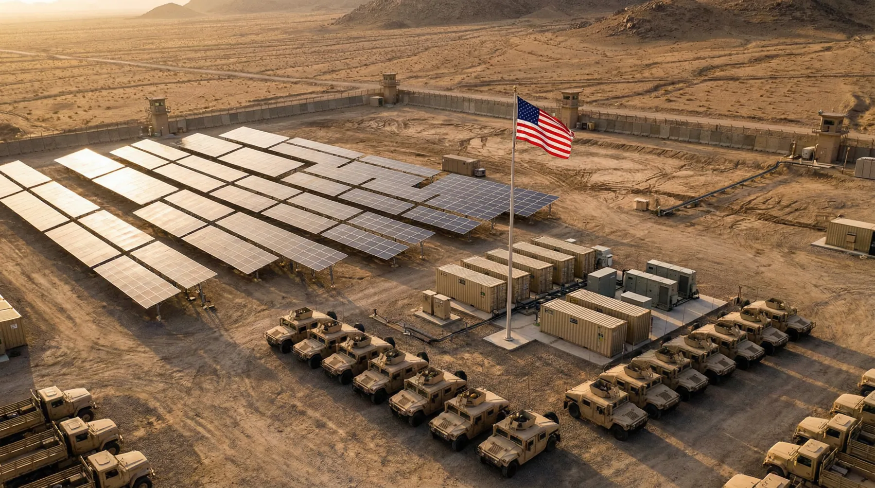 Military forward operating base with large solar panel arrays
