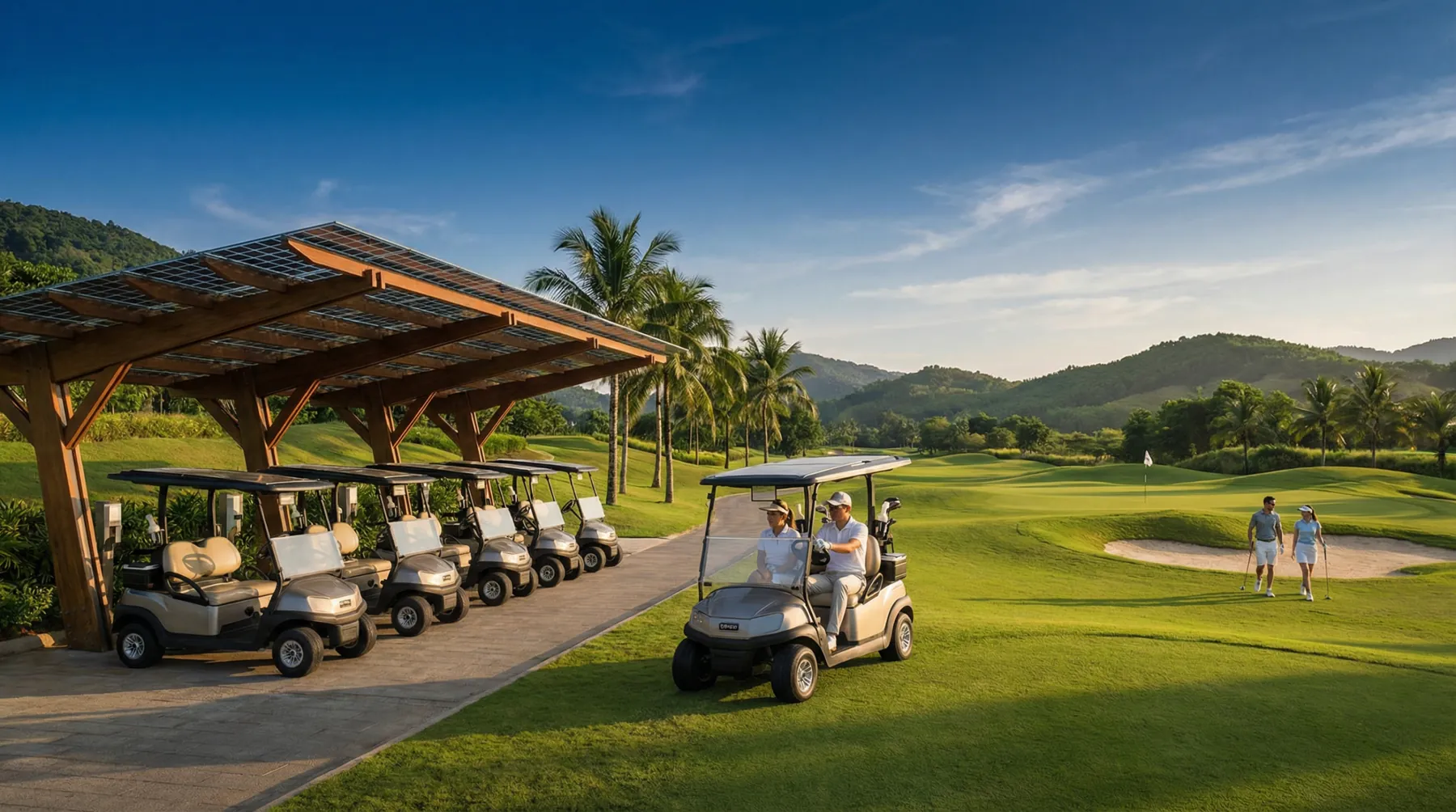 Solar-charged fleet vehicles on resort campus